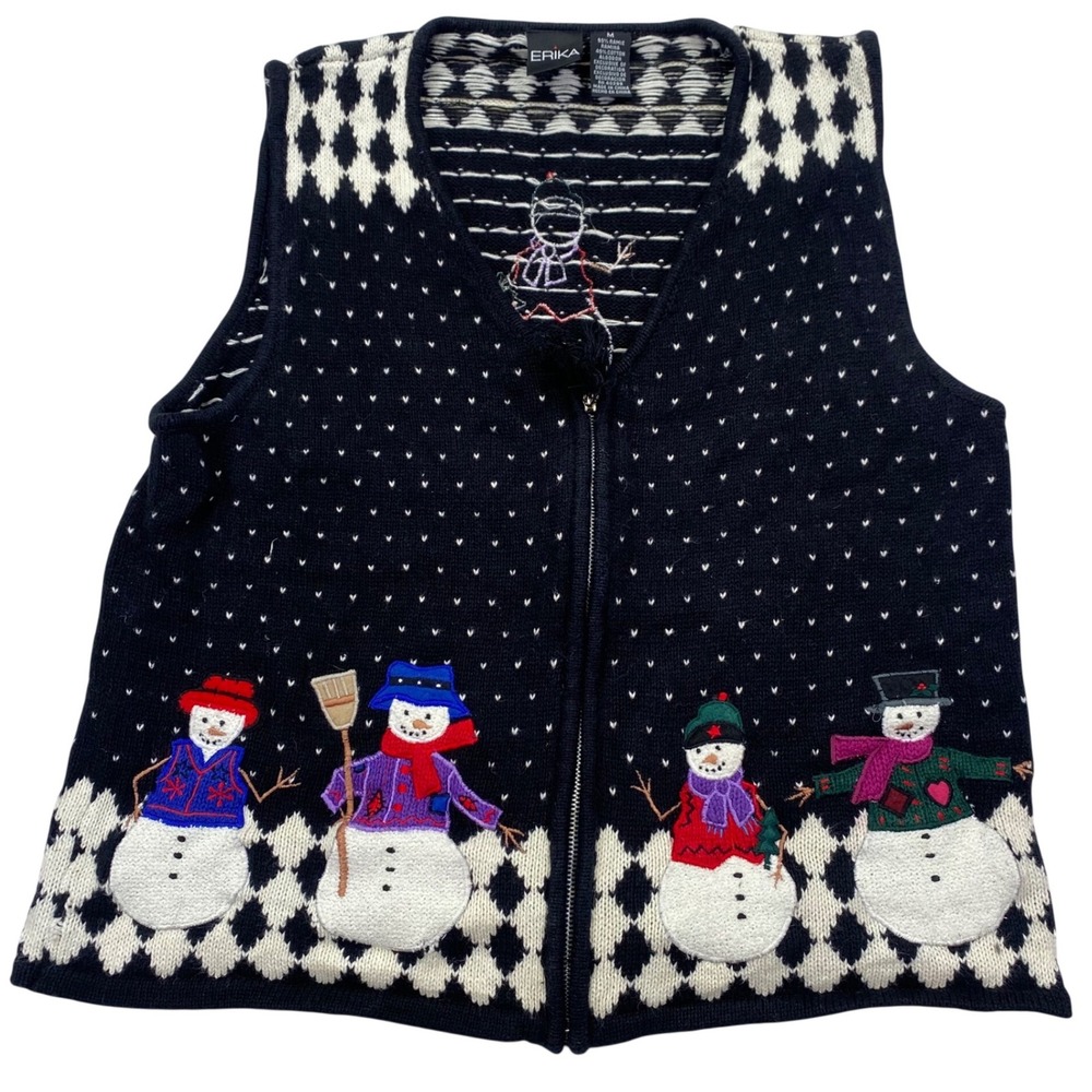 Erika Snowman Knit Sweater Vest Womens Medium Black Full Zip Up Argyle Vintage